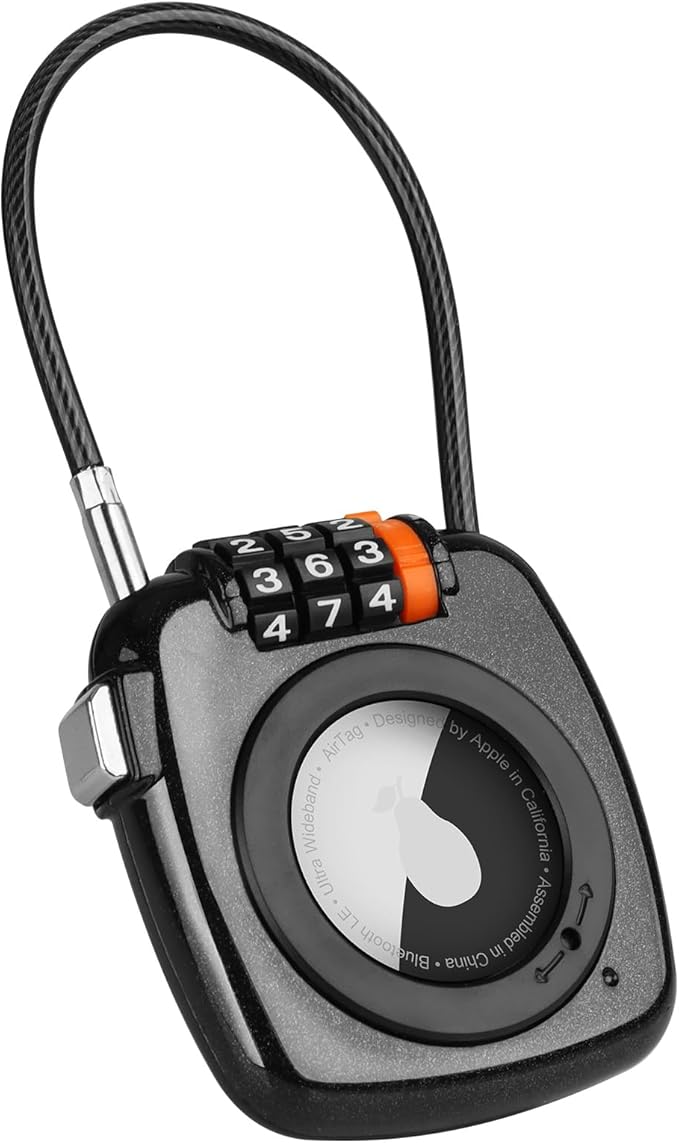 Compatible with Apple AirTag Secure Lock with Wire Cable, 3-Digit Combination Luggage Locks, Alloy Body Ultra Durable Anti-Lost Protective Case for Luggage, Bags, Suitcase, and Backpacks (BLACK)