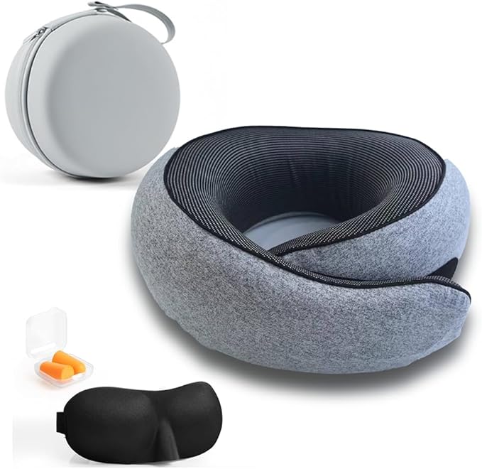 Neck Pillow Set for Travel, Flight, or Car (Incl. Sleep-mask, Ear-Plug) (Light Grey)