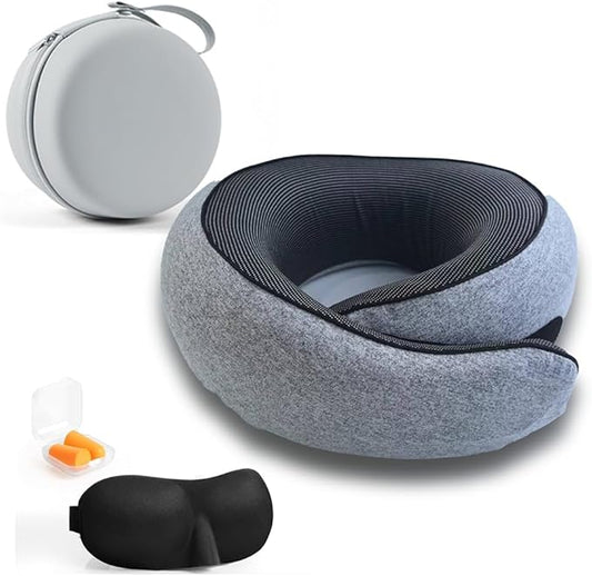 Neck Pillow Set for Travel, Flight, or Car (Incl. Sleep-mask, Ear-Plug) (Light Grey)