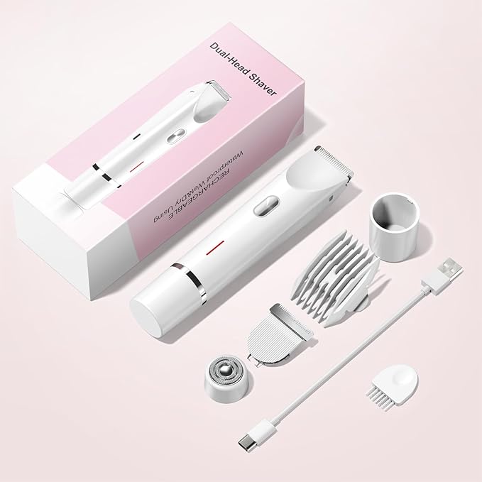 Bikini Trimmer for Women Electric Razors for Women, Double Head Dual Purpose, IPX7 Waterproof Hair Razor, Ceramic Blade Hair Trimmer Wet & Dry Use, Painless Electric Shaver for Facial and Body (White)