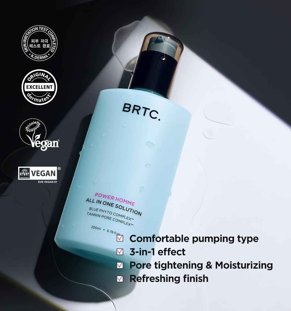 BRTC Power Homme All in One Solution | Men's Face Moisturizer | 3-in-1 (Toner+Lotion+Essence) | Sebum Control, Korean Skincare (200ml, 6.76 fl.oz)