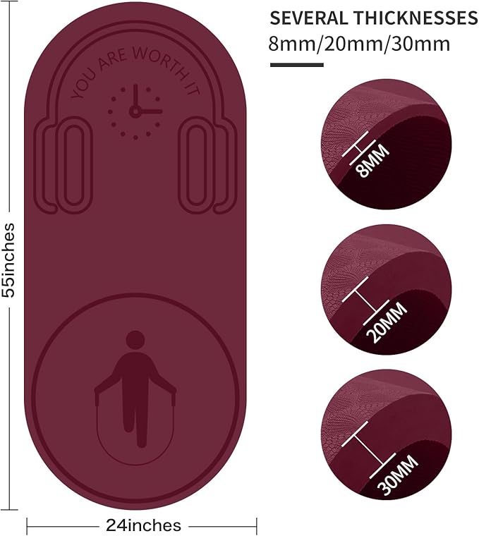 8/20/30mm Jump Rope Mat Fitness Exercise Mat Durable, Non-Slip, Workout Mats with Jump Rope & Carrying Bag for Home Gym Flooring (55"x 24")