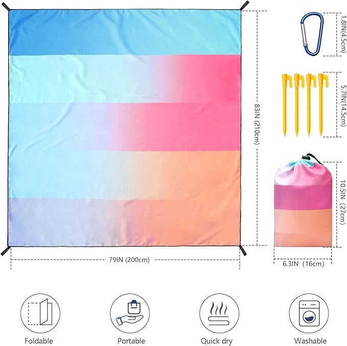 Beach Blanket Waterproof Sandproof Beach Mat 79" X 83"/10'x9'for 2-8 Adults Quick Drying Outdoor Picnic Mat Beach Accessories for Travel, Camping, Hiking