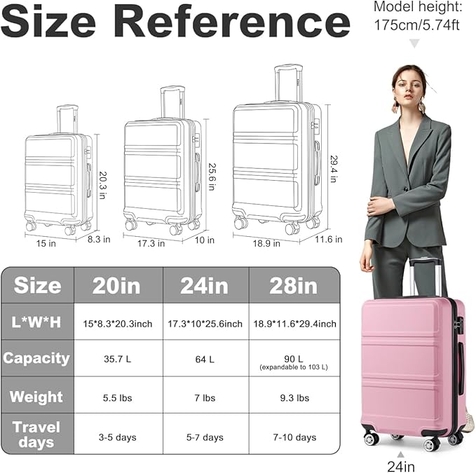Kono 24 Inch Luggage Suitcase Lightweight with Spinner Wheels TSA Lock Hardside Medium Checked Luggage Durable Rolling Suitcase Pink