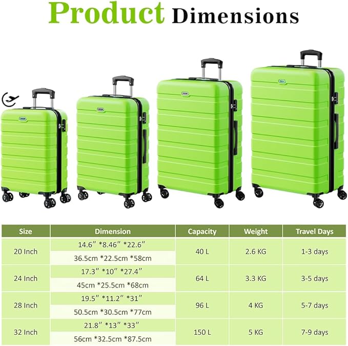 AnyZip Luggage Sets 4 Piece Hardshell Suitcase Set PC ABS Lightweight Travel Suitcases with 4 Double Spinner Wheels TSA Lock 20 24 28 32 Inch Apple Green