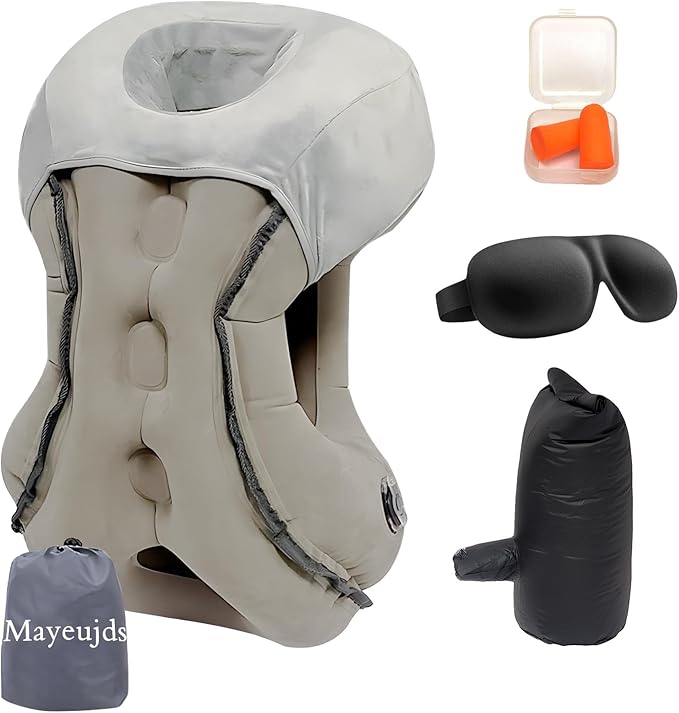 Inflatable Travel Pillow | Airplane Neck Pillow & Portable Inflatable Neck Support - Multifunctional for Flights, Cars, Office Use, with Eye Mask & Earplugs (Grey)