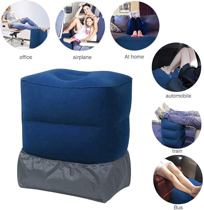 ZIQIAN Inflatable Travel Foot Rest Pillow Portable Adjustable Three Layers Height Foot Stool for Airplanes, Cars, Home, Trains, Office to Lay Down or Sleep on Long Flights with Pump (Blue 2PACK)