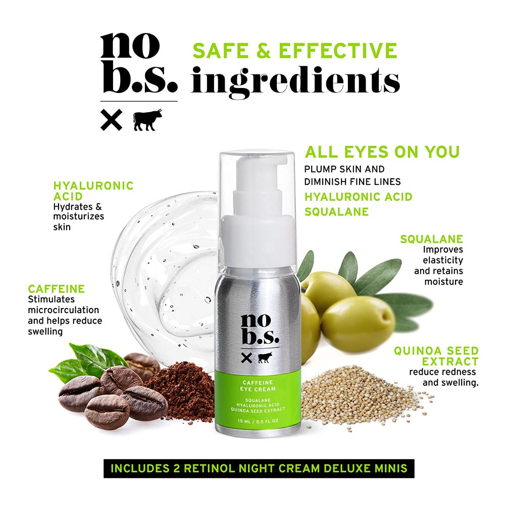 No B.S. (No Bad Stuff) Caffeine Eye Cream anti aging bundle with Two CoQ10 Deluxe Minis. Under Eye Cream for Dark Circles and Puffiness. Includes CoQ10 for Wrinkles.