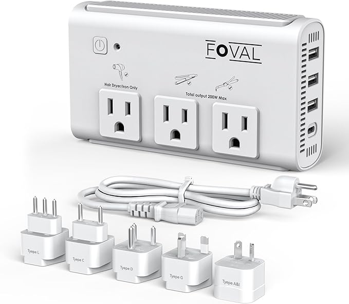 220V to 110V Travel Voltage Converter, FOVAL 2000W International Power Converter for Hair Dryer, Straightener/Curling Iron with 4-Port USB (1 USB C), Step Down Transformer for US/EU/UK/AU/Italy/India