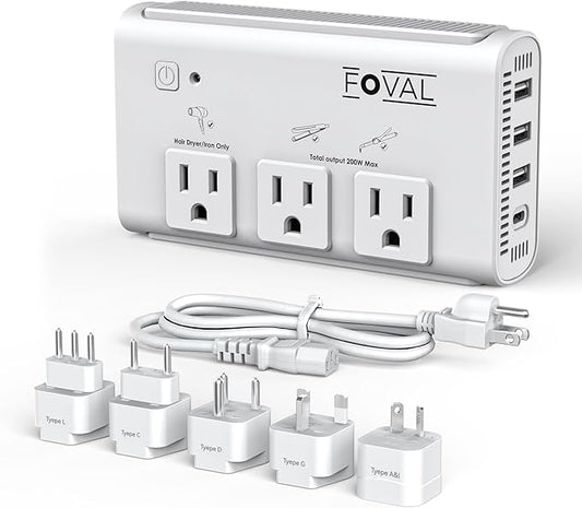 220V to 110V Travel Voltage Converter, FOVAL 2000W International Power Converter for Hair Dryer, Straightener/Curling Iron with 4-Port USB (1 USB C), Step Down Transformer for US/EU/UK/AU/Italy/India