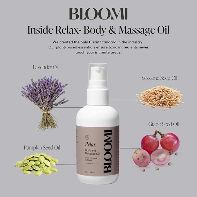 Bloomi Relax Body & Massage Oil, 3oz - Calming Lavender Oil for Relaxation, Stress Relief, Skin Hydration & Moisturizing Therapy, Ideal for Self Care (1)