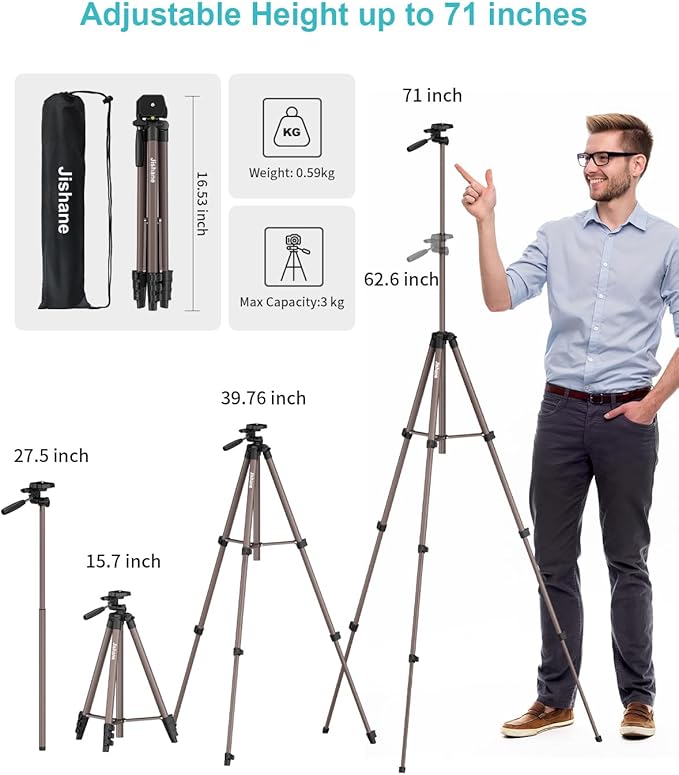 71" Camera Tripod, Lightweight Aluminum Phone Tripod with Wireless Remote, Phone Holder & Carry Bag, Portable Travel Camera Stand for Smartphones Canon Nikon DSLR Cameras, Max Load 6.6 lb (Brown)