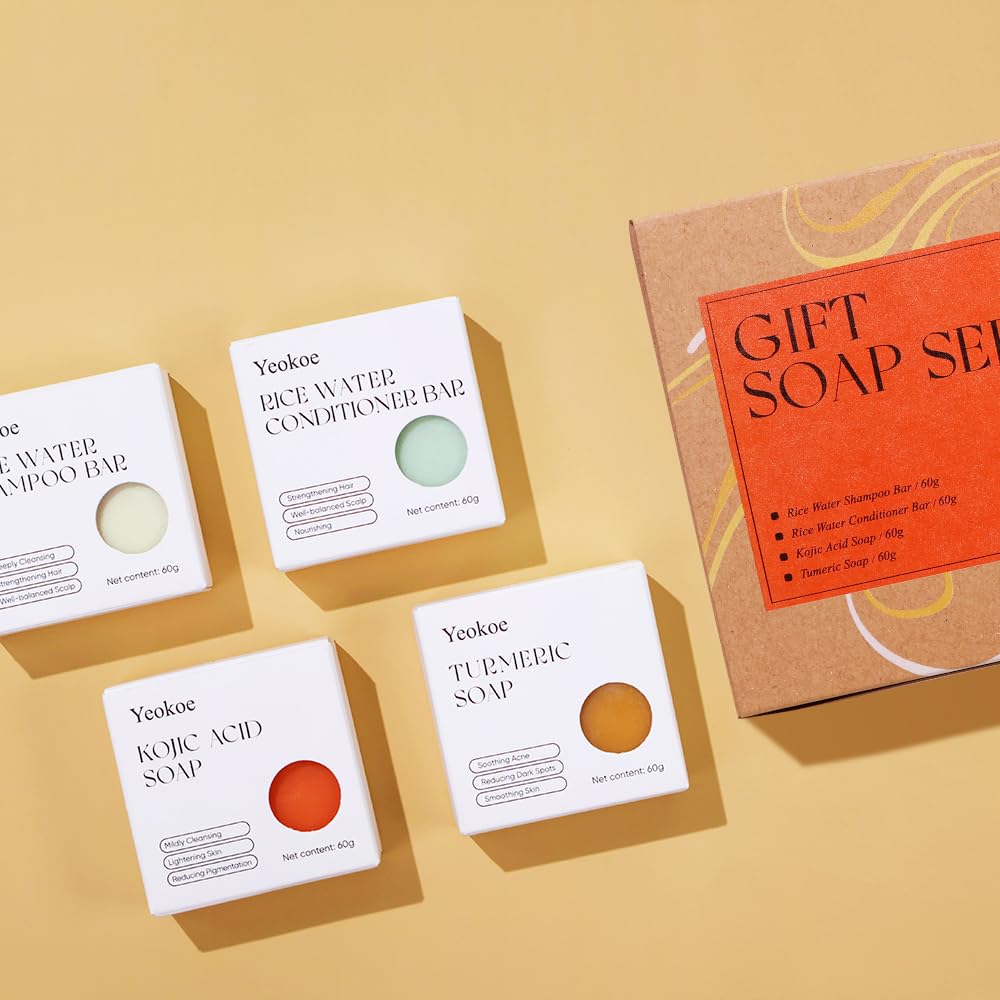 Yeokoe Turmeric Soap Bar and Rice Water Shampoo Conditioner Bar Set,Kojic acid for Body,Face and Hair,Deep Cleansing,Travel Toiletries,Spa Gifts For Women