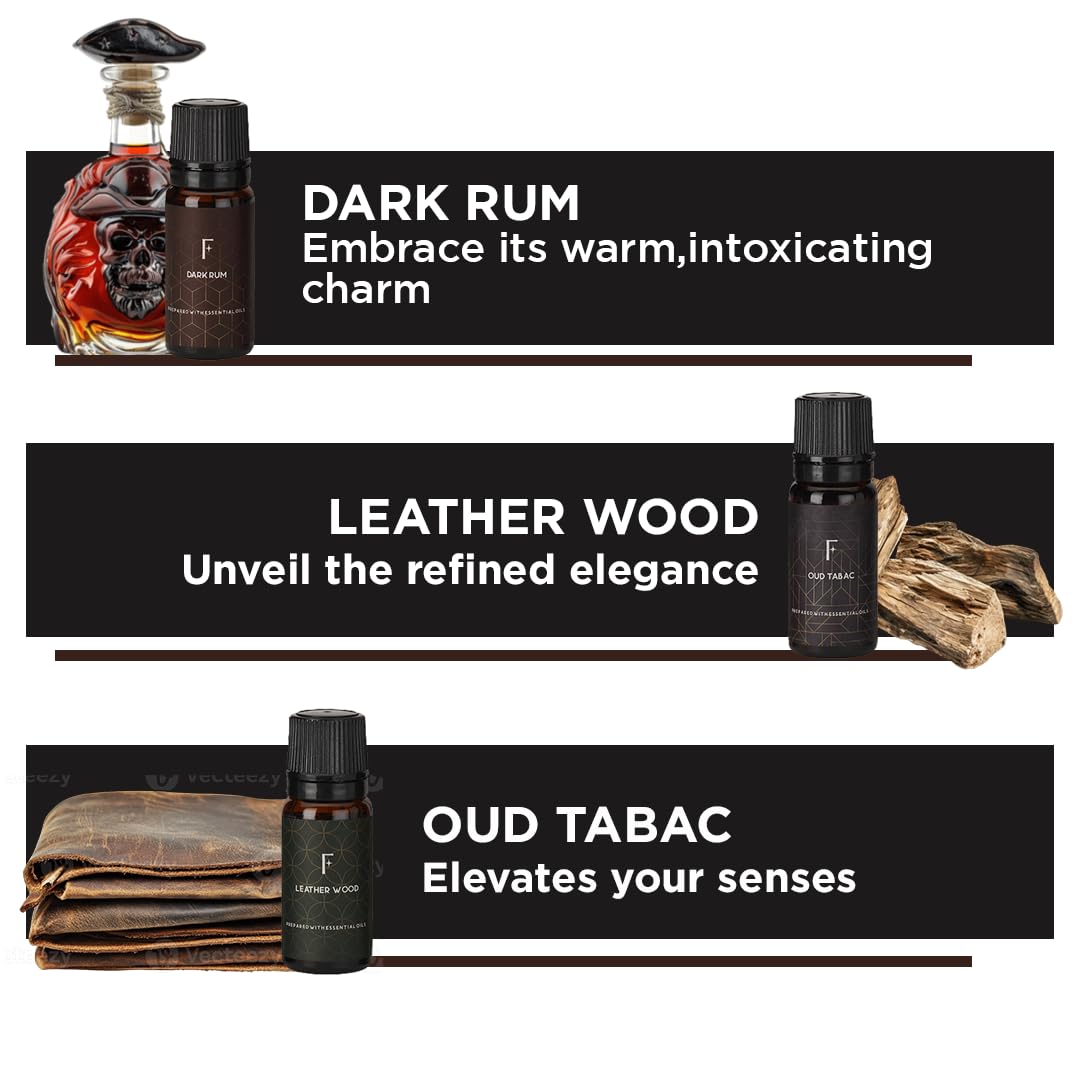 Folkulture Essential Oils Set for Men | Set of 6 (0.34 Fl Oz or 60ml) Diffuser Oils for Home | Oud Tabac, Sandalwood, Leather Wood | Fragrance Oil