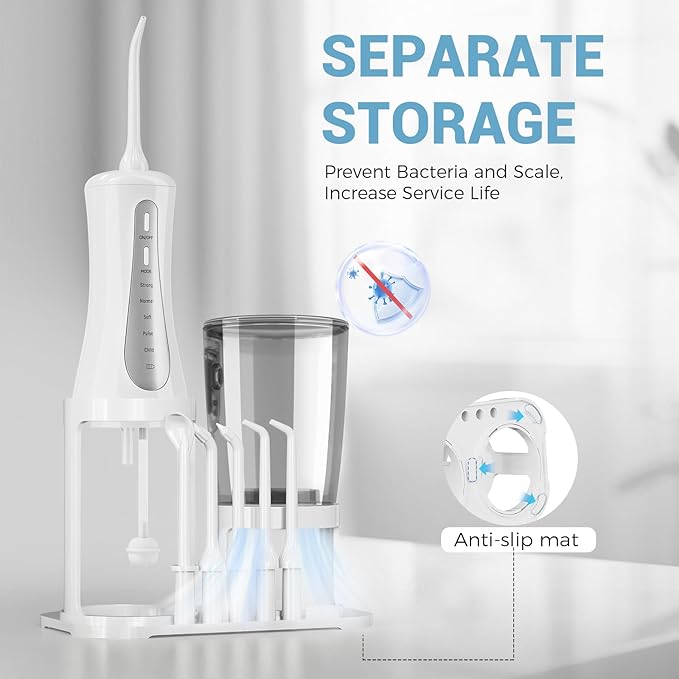 350ML Water Dental Flosser Teeth Pick with Stand Convenient Storage, 5 Modes Portable Cordless Oral Irrigator, Electric Rechargeable IPX7 Waterproof for Home Travel Teeth Cleaning (White)