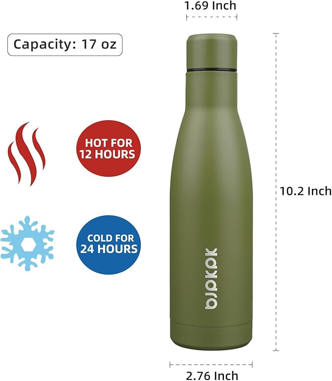BJPKPK 17oz Insulated Water Bottles Stainless Steel Sports Water Bottles Keep Cold and Hot for Travel Dishwasher Safe,Olive Green