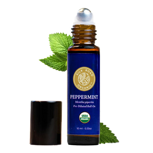 Silk Road Organic Peppermint Essential Oil Roll On, Mentha Piperita, 100% Pure USDA Certified Aromatherapy - Headache, Morning Sickness, Nausea, Energy & Hair - 10 ml Roller