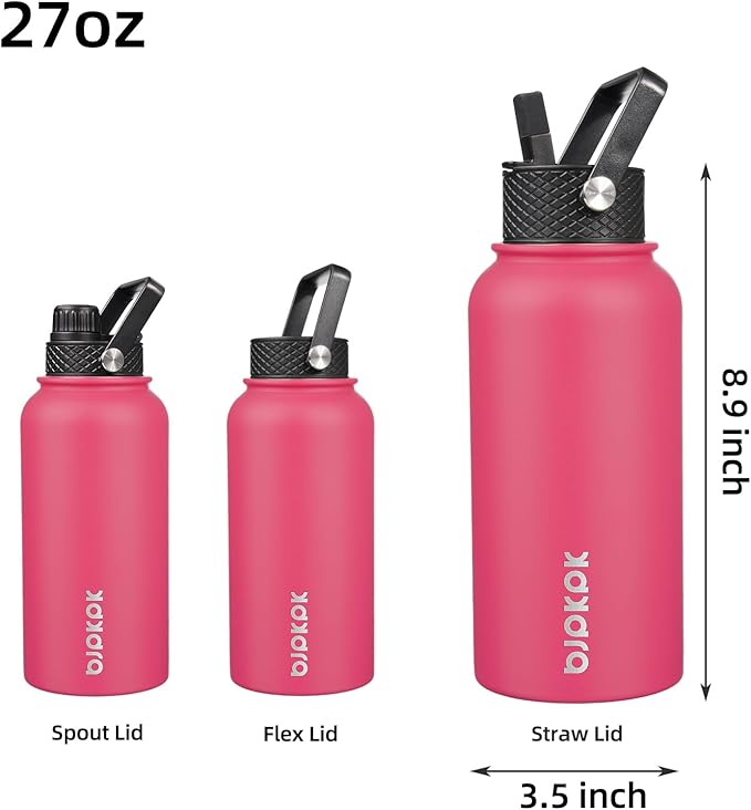 BJPKPK Insulated Water Bottles with Straw Lid, 27oz Stainless Steel Water Bottle with 3 Lids, Leak Proof BPA Free Metal Thermo, Mugs, Tumblers, Keep Cold Hot - Rose Pink