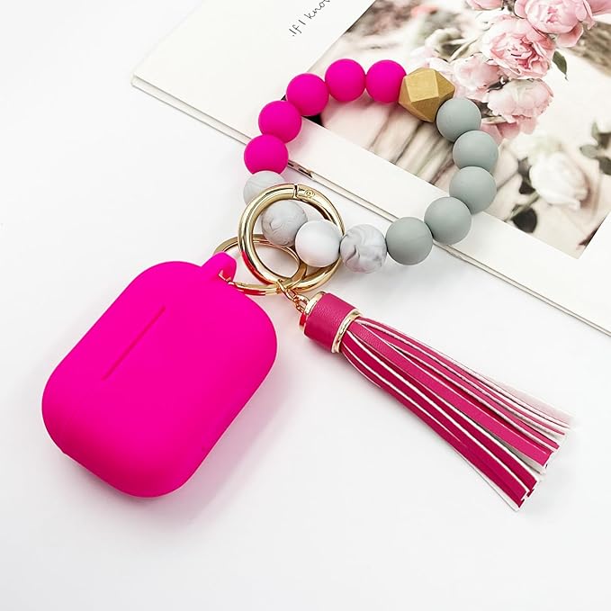 Compatible with Airpods Pro Soft Silicone Case Cover with Bracelet Keychain for Apple Airpod Pro 1st Generation Case for Women (Hot Pink)
