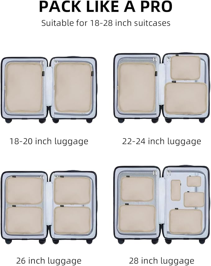 Compression Cubes for Travel, XL/L/M/S Luggage Organizers (6 Set, Classic Khaki)