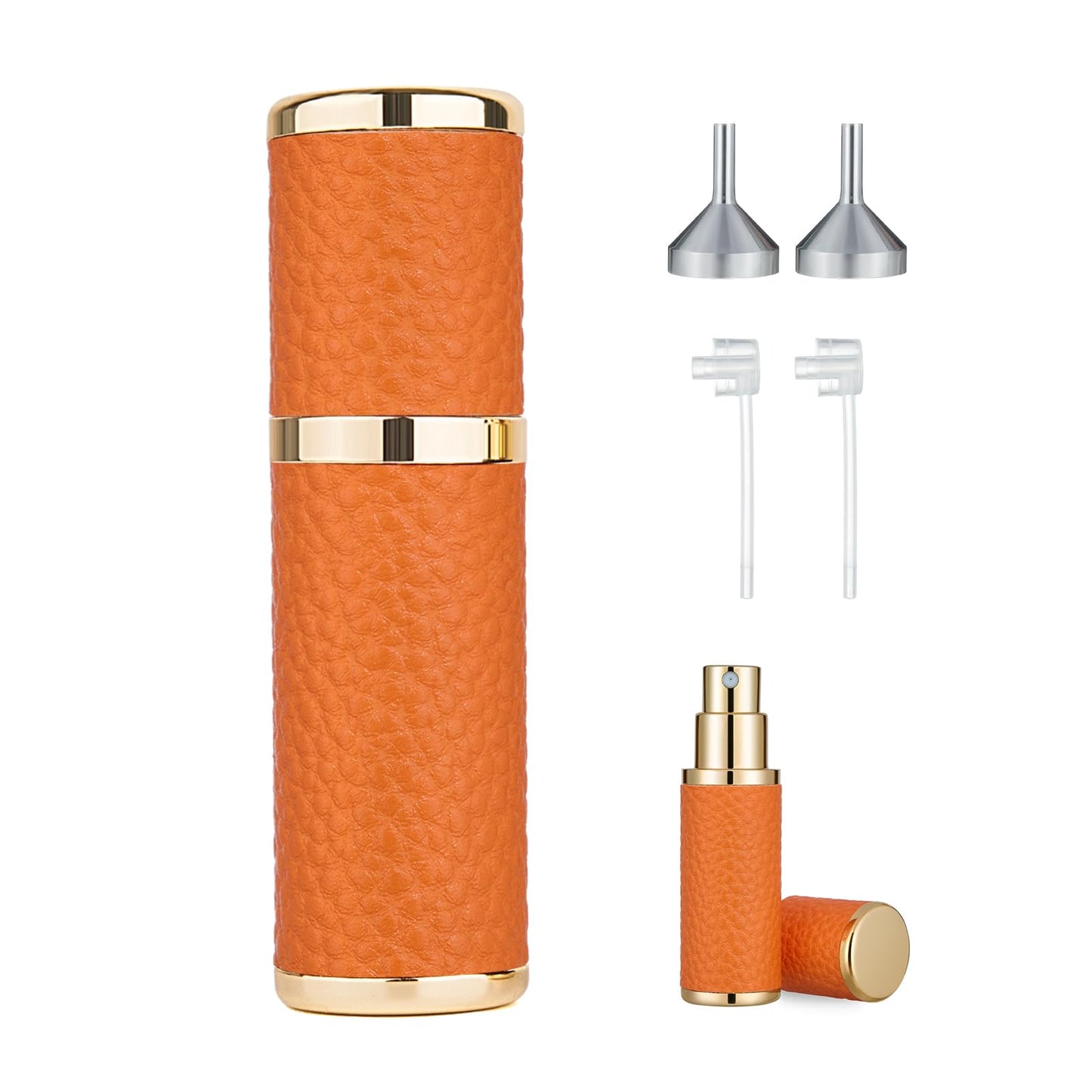 Sinyutia Portable Mini Perfume Refillable Bottle, 5ml Leather Material Travel Atomizador, Fine Mist Refillable Cologne Dispenser Sprayer, With Funnel And Perfume Diffuser Tool For Women&Men (Orange)
