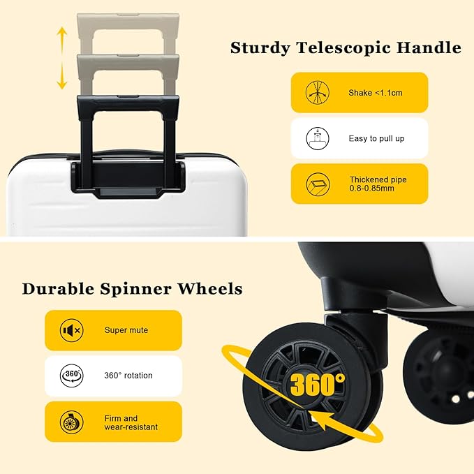 16 Inch Carry On Luggage Airline Approved, Expandable Lightweight ABS+PC Hard Shell Suitcases with 360° Spinner Wheels, TSA Lock, YKK Zippers (White, 1 PC)