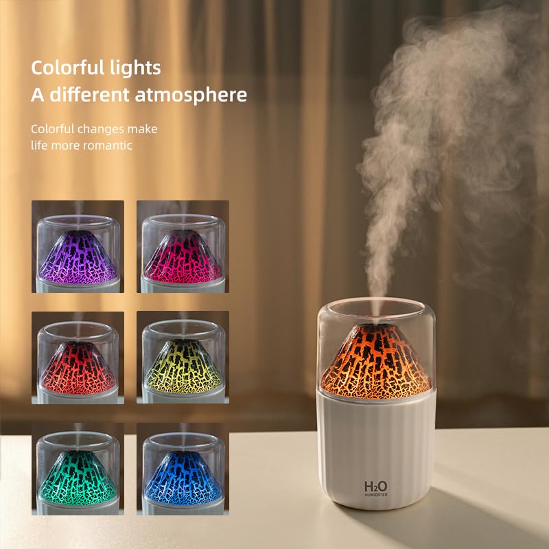 Colorful Volcano Humidifier, Ultrasonic Cool Mist Auto Shut-Off Car Diffuser, 2 Fog Mode Ultra Quiet Humidifier for Car Bedroom Office USB-300ml (White)