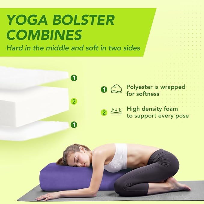 Rectangular Yoga Bolster - Meditation Pillow with Washable Suede Cover, 27"X10" X5.5"