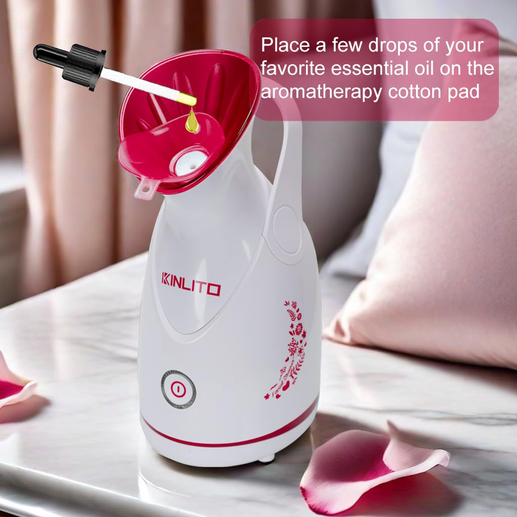 KINLITO Facial Steamer Ionic Face Steamer for Home Facial, Warm Mist Portable Facial Steamer for Deep Cleaning Unclog Pores with Blackhead Remover, Aromatherapy Kit for Personal Home SPA (Rose Red)