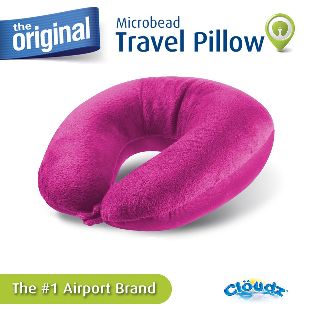 Cloudz Dual Comfort Microbead Airplane Travel Neck Pillow. Soft Cozy Plush Fabric on One Side, Cool Relaxing Spandex on The Other! Customize Your Comfort and Support at Home or On The Go! Bright Pink