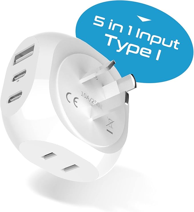 Ceptics Australia, China Travel Adapter - 5 Input with 20W PD-QC 3.1A Dual USB-C and USB - Ultra Compact - Light Weight - USA to Any Type I Countries Such as New Zealand, Argentina and More