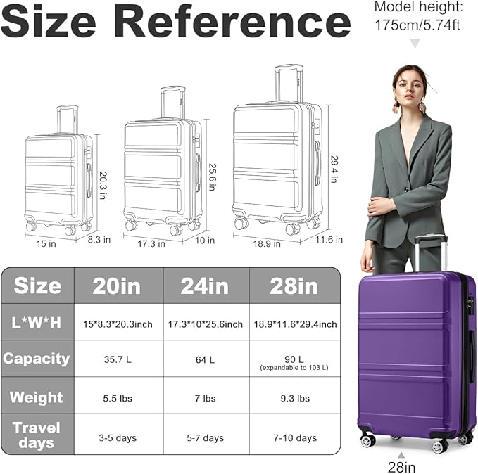 Kono 28 Inch Luggage Expandable Suitcase Lightweight with Spinner Wheels TSA Lock Hardside Large Checked Luggage Durable Rolling Suitcase Purple
