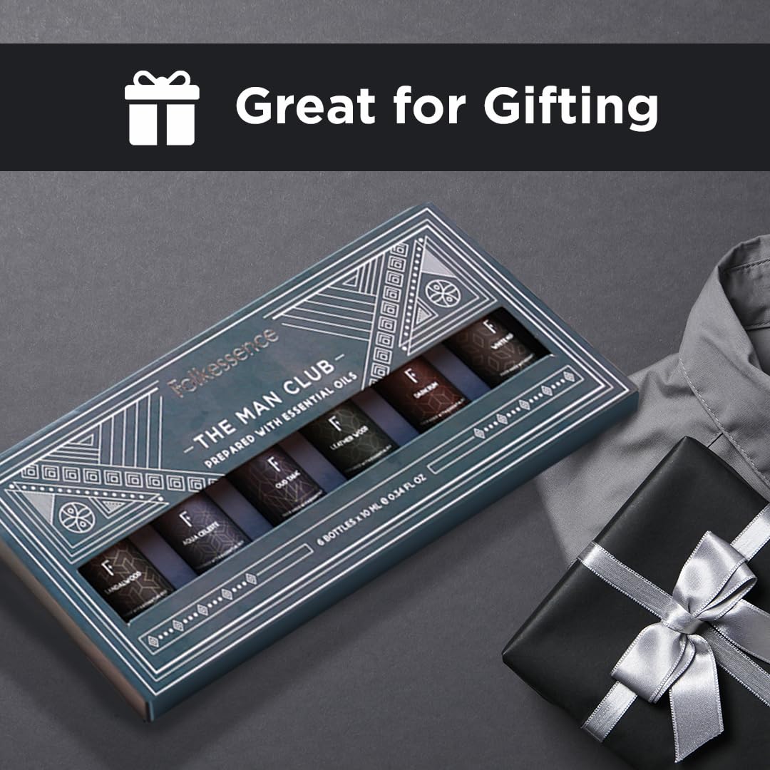 Folkulture Essential Oils Set for Men | Set of 6 (0.34 Fl Oz or 60ml) Diffuser Oils for Home | Oud Tabac, Sandalwood, Leather Wood | Fragrance Oil