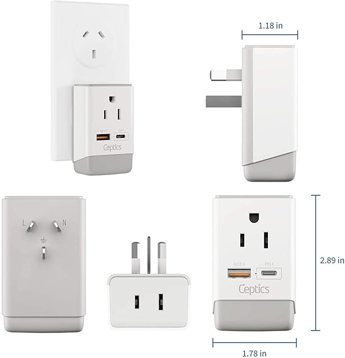 Ceptics Australia China New Zealand Power Plug Adapter 2 Pack, QC 3.0 & PD, Safe Dual USB & USB-C - 2 USA Socket for USA to Australian New Zealand Fiji Argentina, Type I AP-16-2PK Fast Charging