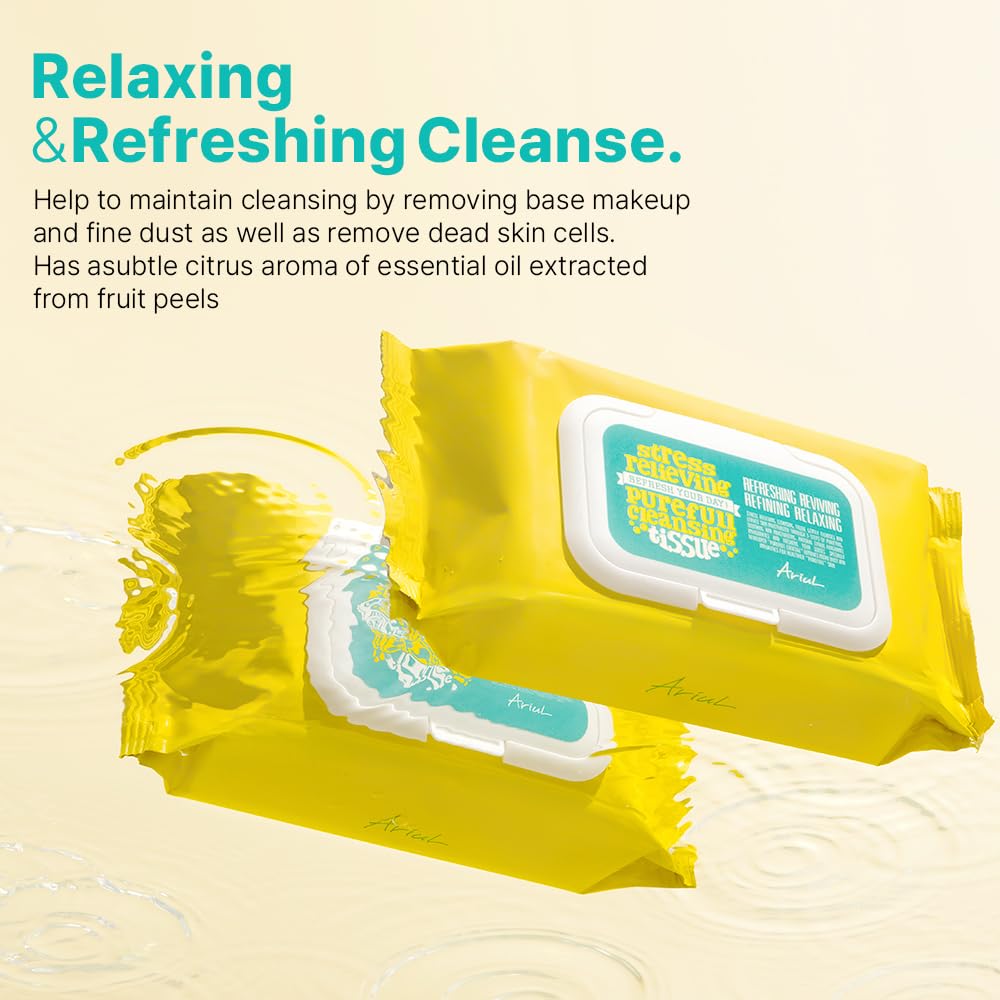 Ariul Stress Relieving Purefull Cleansing Tissue – Gentle & Hydrating Makeup Remover Wipes, Korean Skin Care with Natural Ingredients, 80 Counts × 2 Packs