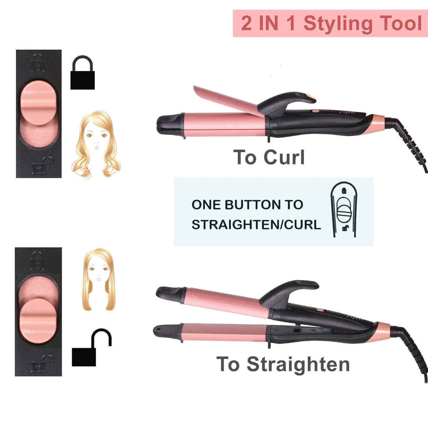 2 in 1 Travel Curling Flat Iron Dual Voltage Mini Hair Straightener and Curler (Rose Gold)