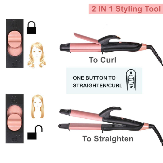 2 in 1 Travel Curling Flat Iron Dual Voltage Mini Hair Straightener and Curler (Rose Gold)