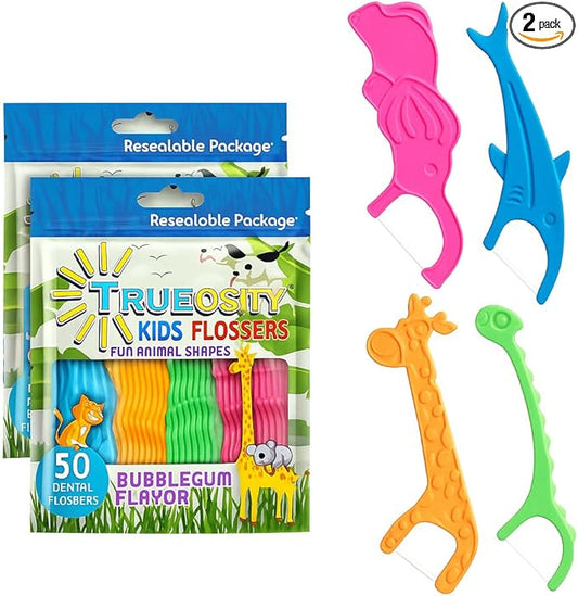 Kids Flossers 2 Pack (100 Total), Kids Floss Picks, Flossers Children, Floss Children, Animal Shapes, Glides Easy Between Teeth, Flosser Helps Prevent Tooth Decay & Gum Disease, Bubble Gum Flavored