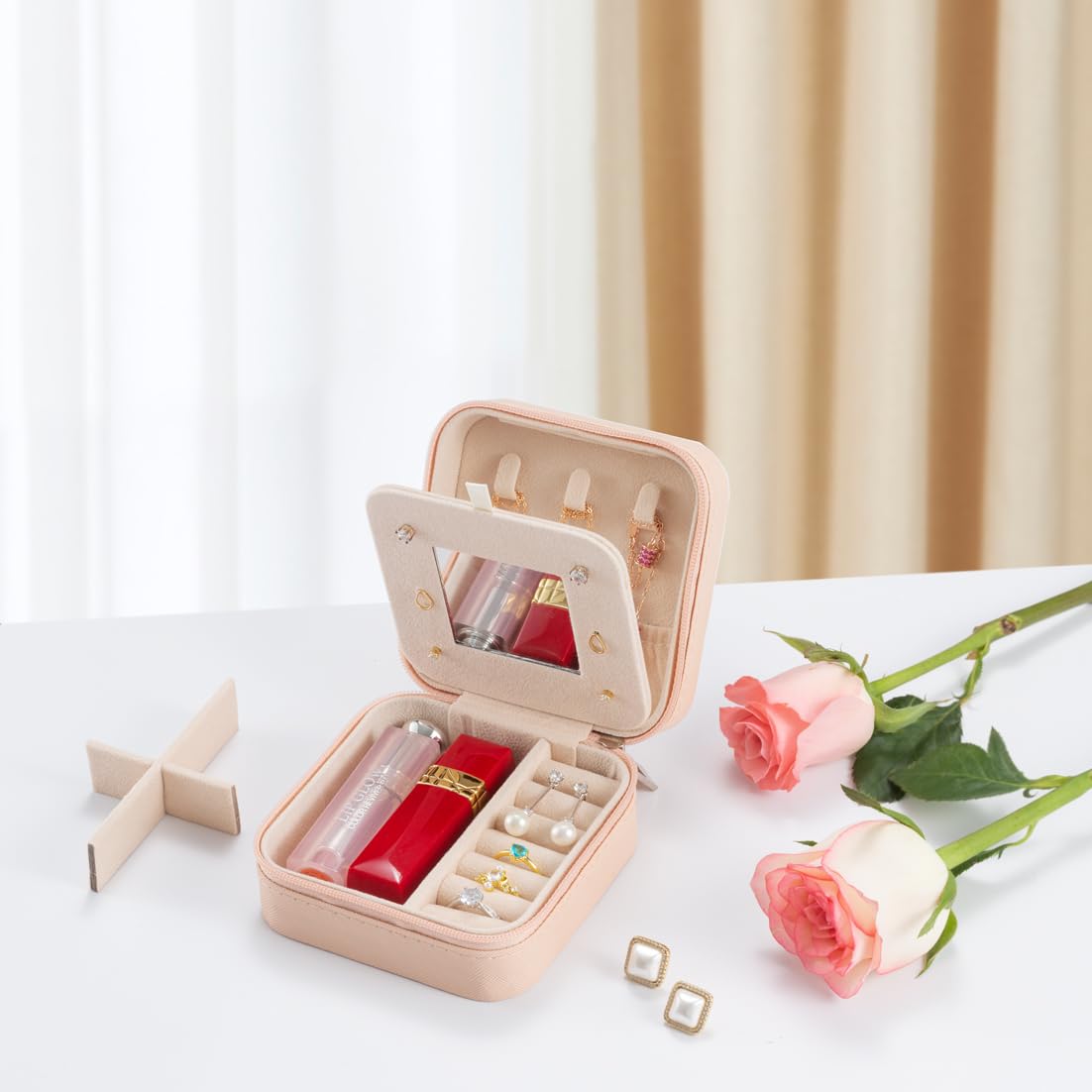 Small Travel Jewelry Case, To Go Portable Jewelry Box, Travel Jewelry Organizer,Portable Jewellery Storage Holder for Rings Earrings Necklace, Gifts for Girls Women with Mirror -Pink