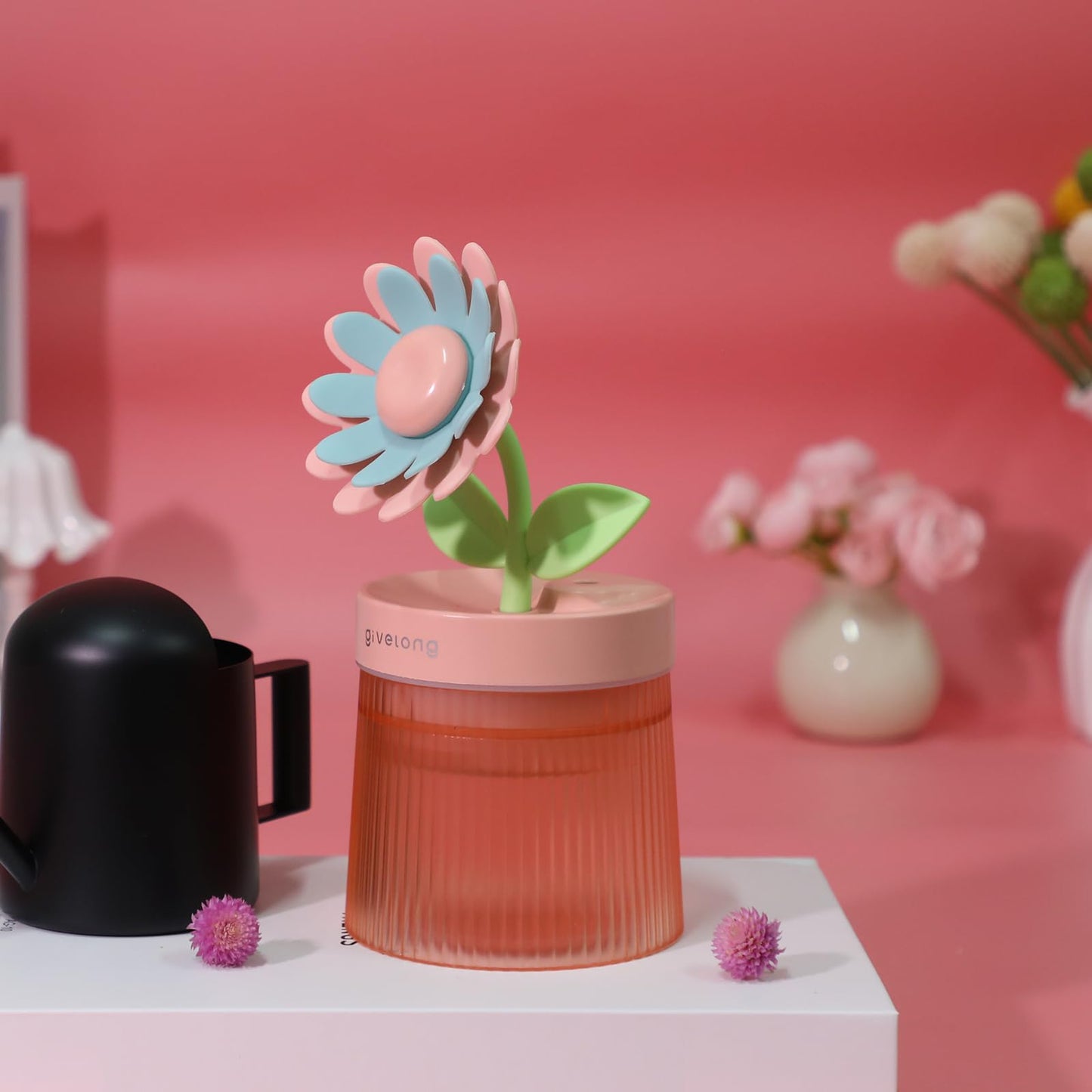 Sunflower Desktop Humidifier for Bedroom, Quiet Cool Mist Humidifier with Diffuser and LED Night light, Auto Shut-Off, 260 ML Portable Humidifier for Car Outdoor Home Indoor Nursery Plants (Pink)