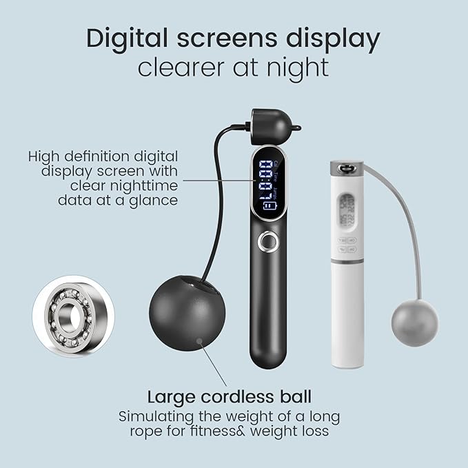 2 in 1 Smart Jump Rope with Digital Counter - Adjustable Cordless Skipping Rope for Weight Loss, Home Workout & Boxing Training 3 Modes (Speed/Calorie/Time) Gift for Women Men Kids (Black)