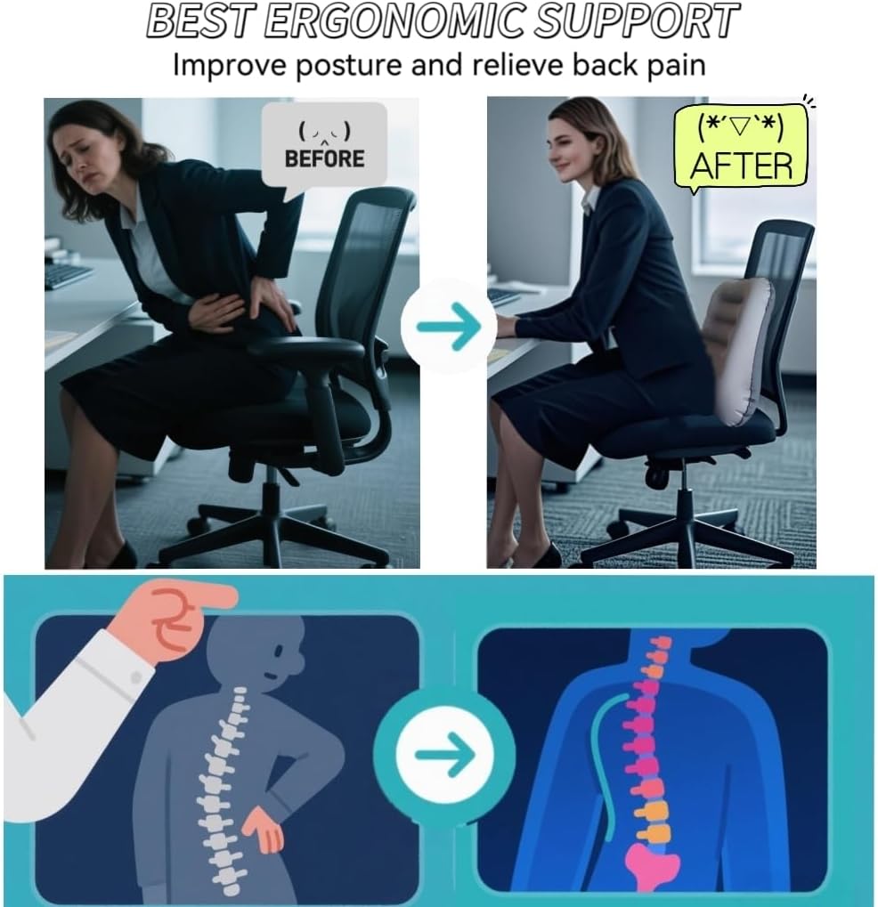 Inflatable Lumbar Support Pillow for Travel Seat and Office Chair, Back Support Pillow for Airplane Travel and Car, Lumbar Pillow for Lower Back Pain Relief and Improve Posture, Easy to Carry - Grey