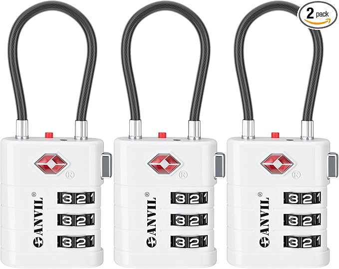 ANVIL TSA Approved Luggage Locks – High Security TSA008 Combination Travel Locks with Inspection Indicator for Suitcases and Backpacks. (3, White)