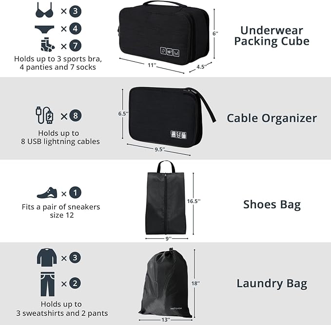 7 Set Compression Packing Cubes for Travel - Compressible, Lightweight, and Space-Saving Packing Cubes, Travel Essentials for Women, Black