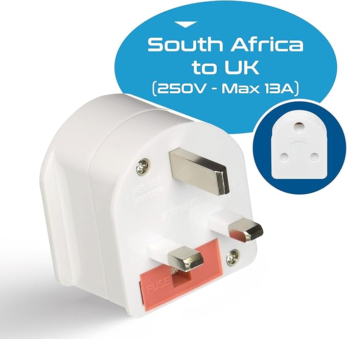 Ceptics GP-SA-UK South Africa to UK Grounded Plug Adapter (250V - Max 13A), White