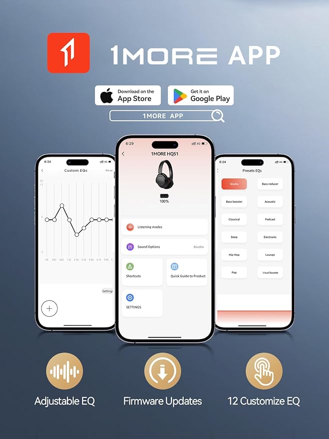 1MORE SonoFlow Pro HQ51 Wireless Over-Ear Headphones, Reduce Noise by Up to 45dB, Hi-Res Audio, 100H Playtime, App Control, Bluetooth 5.4, AI Clear Calls, Lightweight Fit for Travel Office, Matte Gray