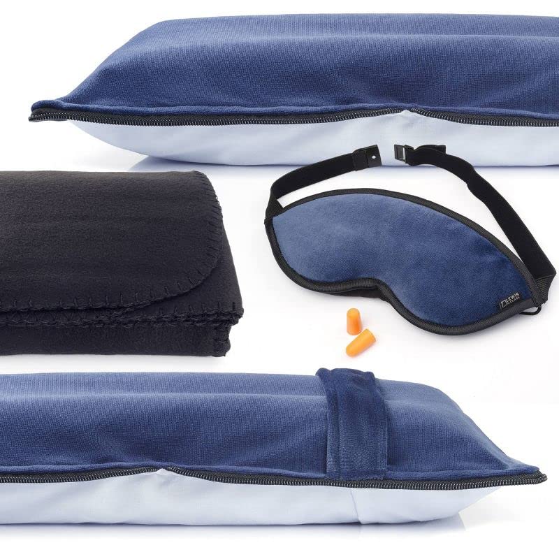 Lewis N. Clark Ultimate Comfort Set + Portable Travel Kit for Airplane, Includes Inflatable Pillow + Zippered Carrying Case, Cozy Fleece Blanket, Eye Mask for Sleeping & Foam Ear Plugs, Navy