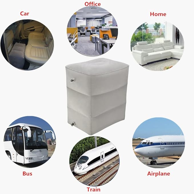 Inflatable Travel Foot & Leg Rest Pillow with Adjustable Height for Airplane, Car, Bus, Train, Office, Camping and Kids to Sleep on Long Flights, Air Pump Included