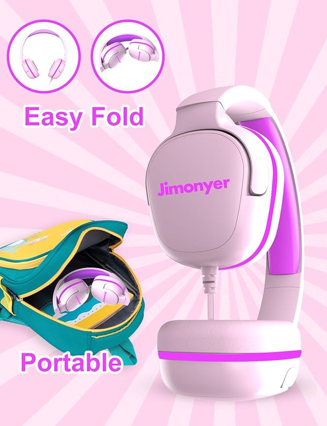 Kids Headphones for School, 3.5mm Jack Wired Headphones for Kids with Safe Volume Limiter, HD Stereo Sound On-Ear Girls Boys Toddler Headphone for Tablet, iPad, Kindle(Pink)