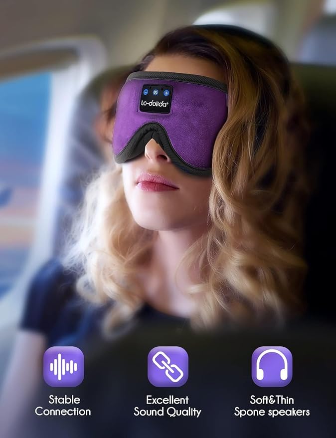 LC-dolida Sleep Headphones, Sleep Mask Bluetooth Wireless Music Eye Mask, Sleeping Headphones for Side Sleepers Sleep Mask with Bluetooth Headphones Ultra-Thin Stereo Speakers Perfect for Sleeping